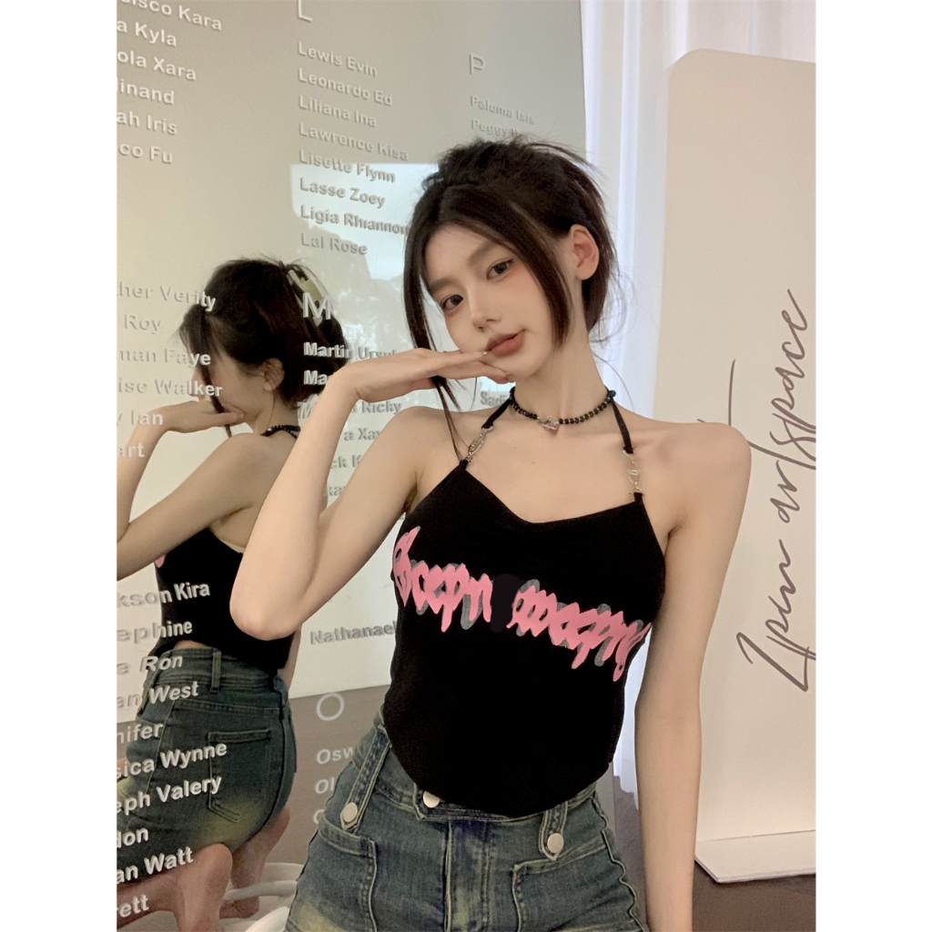 QADCOL Set Áo Hai Dây In Chữ + Quần short Thời Trang Mùa Hè Quyến Rũ Cho Nữ