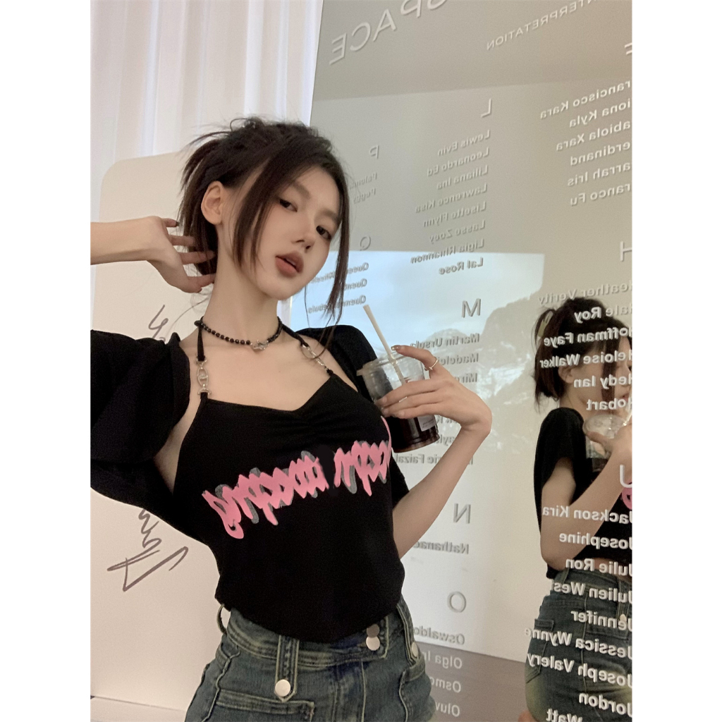 QADCOL Set Áo Hai Dây In Chữ + Quần short Thời Trang Mùa Hè Quyến Rũ Cho Nữ