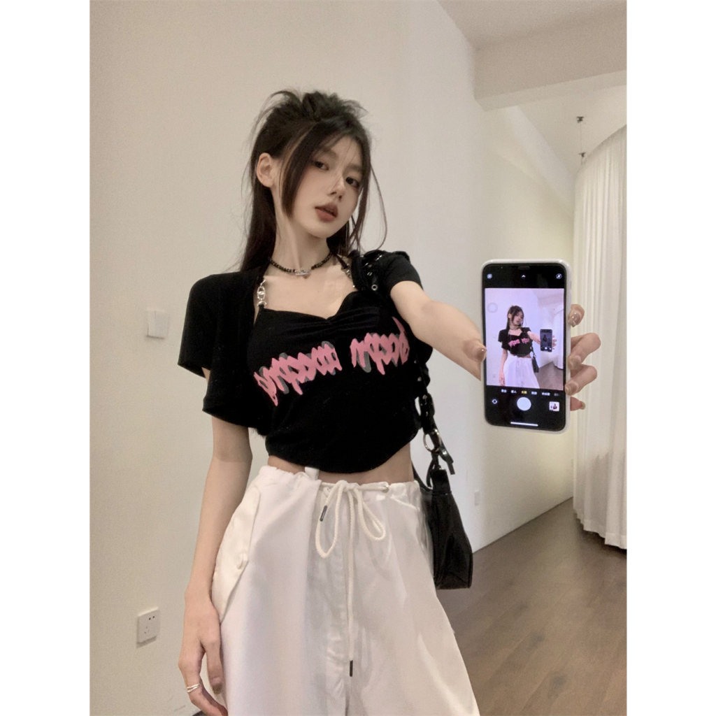 QADCOL Set Áo Hai Dây In Chữ + Quần short Thời Trang Mùa Hè Quyến Rũ Cho Nữ