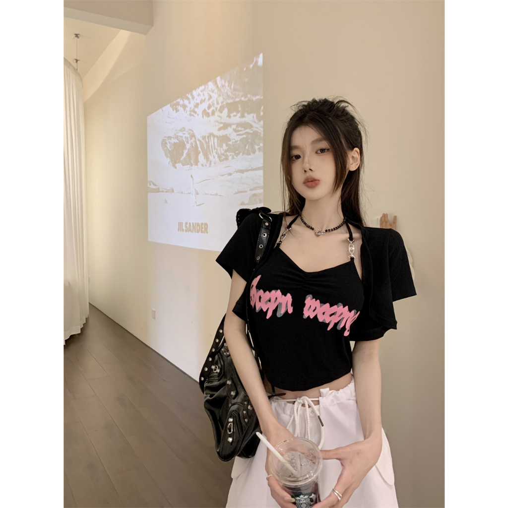 QADCOL Set Áo Hai Dây In Chữ + Quần short Thời Trang Mùa Hè Quyến Rũ Cho Nữ