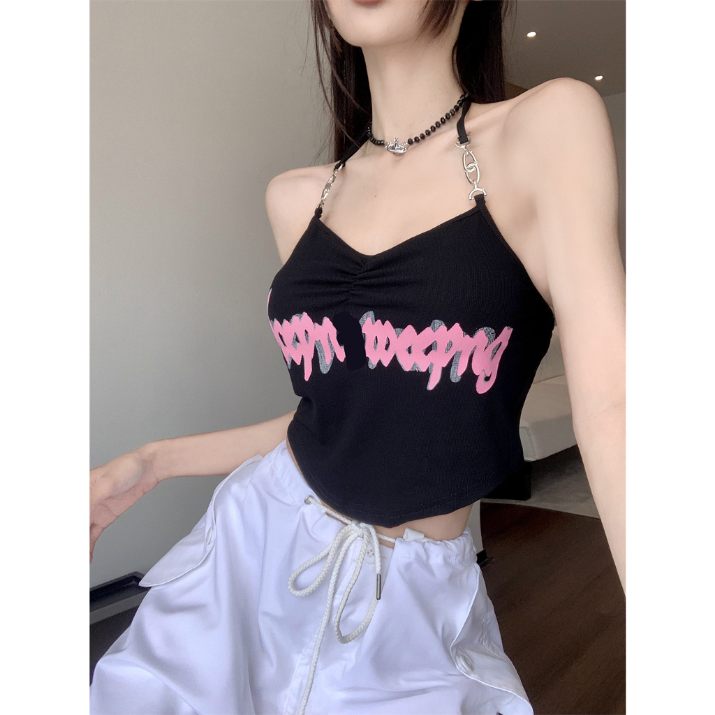 QADCOL Set Áo Hai Dây In Chữ + Quần short Thời Trang Mùa Hè Quyến Rũ Cho Nữ