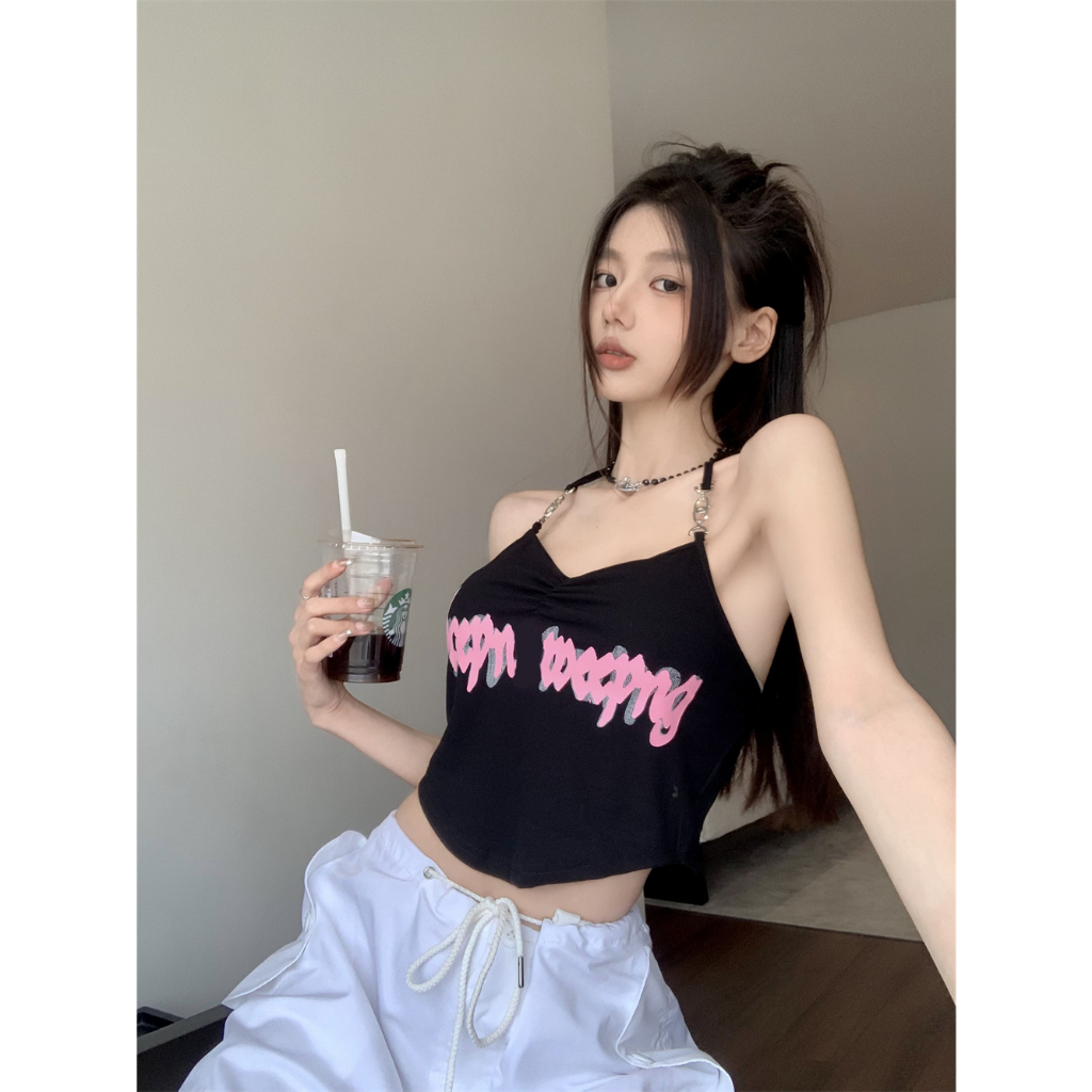 QADCOL Set Áo Hai Dây In Chữ + Quần short Thời Trang Mùa Hè Quyến Rũ Cho Nữ