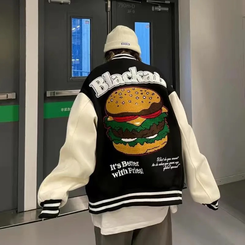Áo Khoác Bóng Chày Bằng Da Dáng Rộng Cài Nút Thêu Hình Burger Cổ Điển Đường Phố Mỹ Hợp Thời Trang Cho Nam Và Nữ