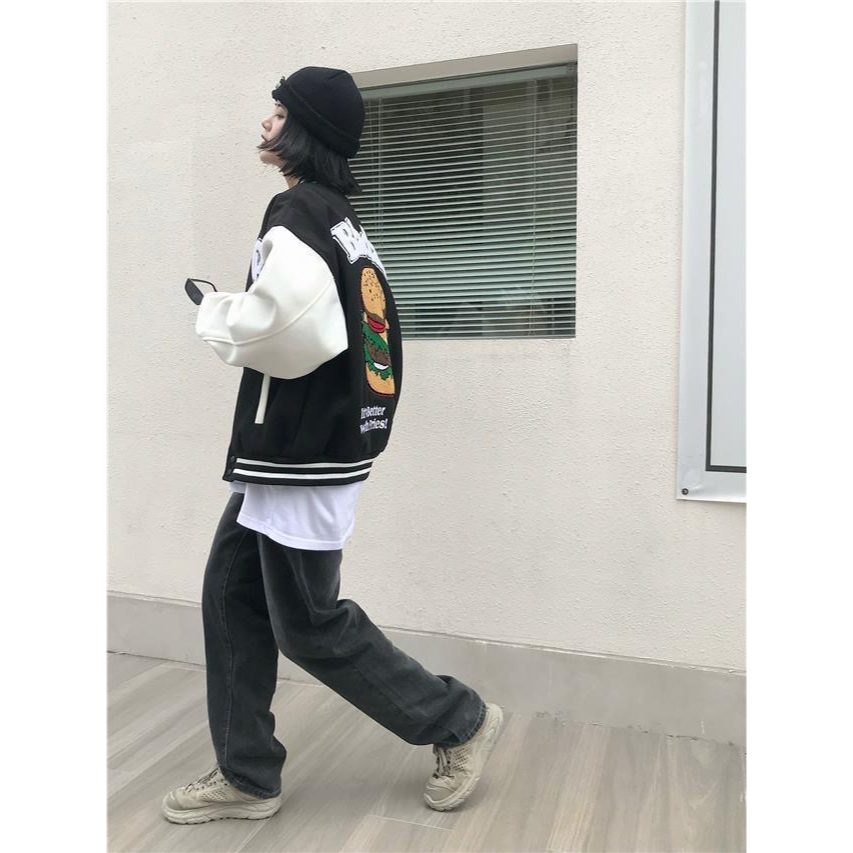 Áo Khoác Bóng Chày Bằng Da Dáng Rộng Cài Nút Thêu Hình Burger Cổ Điển Đường Phố Mỹ Hợp Thời Trang Cho Nam Và Nữ