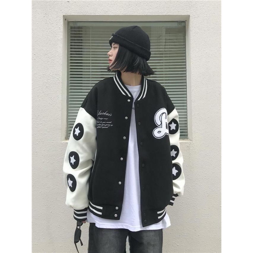 Áo Khoác Bóng Chày Bằng Da Dáng Rộng Cài Nút Thêu Hình Burger Cổ Điển Đường Phố Mỹ Hợp Thời Trang Cho Nam Và Nữ