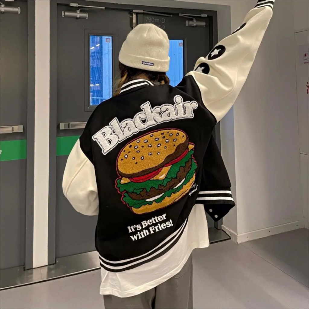 Áo Khoác Bóng Chày Bằng Da Dáng Rộng Cài Nút Thêu Hình Burger Cổ Điển Đường Phố Mỹ Hợp Thời Trang Cho Nam Và Nữ