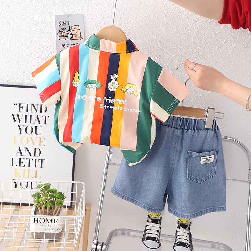 Set Đồ Thể Thao 2 Món Gồm Áo Sơ Mi Kẻ Sọc Nhiều Màu + Quần Ngắn denim Thời Trang Mùa Hè Cho Bé Trai / Gái