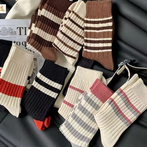 Hàng Bán Chạy Vớ Ống Chân Hai Lớp Dày Họa Tiết Kẻ Sọc Phong Cách Preppy Nhật Bản Dễ Phối Đồ Mùa Hè