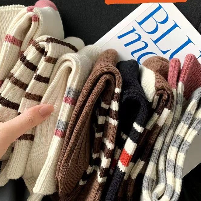 Hàng Bán Chạy Vớ Ống Chân Hai Lớp Dày Họa Tiết Kẻ Sọc Phong Cách Preppy Nhật Bản Dễ Phối Đồ Mùa Hè