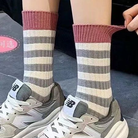 Hàng Bán Chạy Vớ Ống Chân Hai Lớp Dày Họa Tiết Kẻ Sọc Phong Cách Preppy Nhật Bản Dễ Phối Đồ Mùa Hè