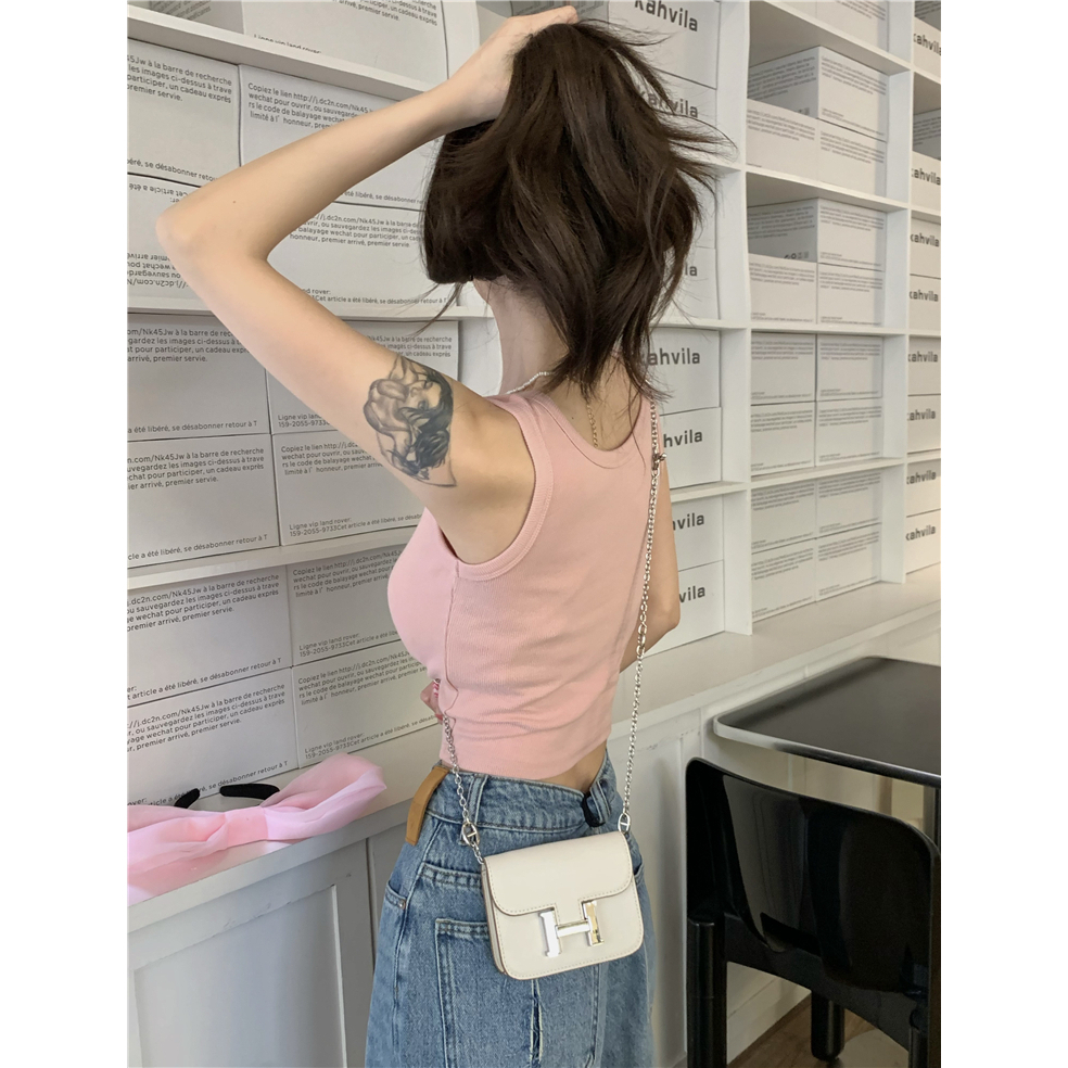 ZHELIHANGFEI Áo Thể Thao Hai Dây Ngắn Màu Hồng Ngọt Ngào Phong Cách Pháp Thời Trang Mùa Hè Cho Nữ