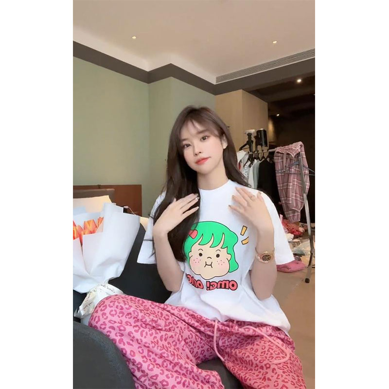 Áo Thun cotton 180g Tay Ngắn Cổ Tròn Dáng Suông In Họa Tiết Hoạt Hình Dễ Thương Cho Nữ