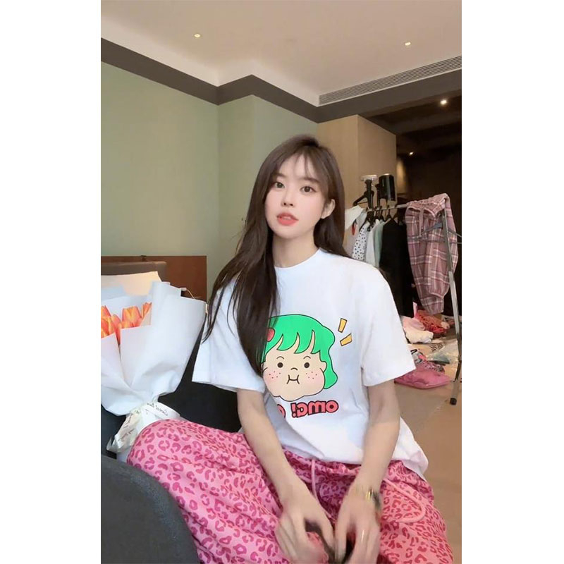 Áo Thun cotton 180g Tay Ngắn Cổ Tròn Dáng Suông In Họa Tiết Hoạt Hình Dễ Thương Cho Nữ