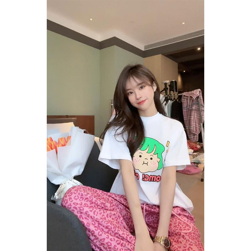 Áo Thun cotton 180g Tay Ngắn Cổ Tròn Dáng Suông In Họa Tiết Hoạt Hình Dễ Thương Cho Nữ