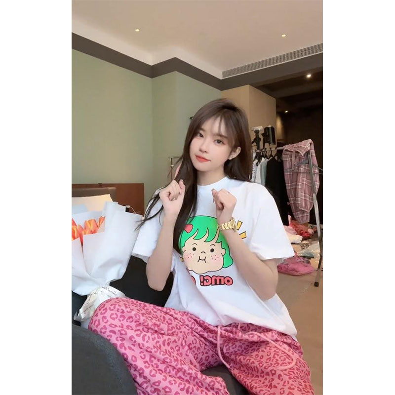 Áo Thun cotton 180g Tay Ngắn Cổ Tròn Dáng Suông In Họa Tiết Hoạt Hình Dễ Thương Cho Nữ