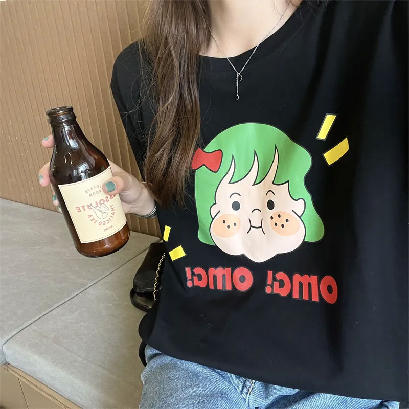 Áo Thun cotton 180g Tay Ngắn Cổ Tròn Dáng Suông In Họa Tiết Hoạt Hình Dễ Thương Cho Nữ