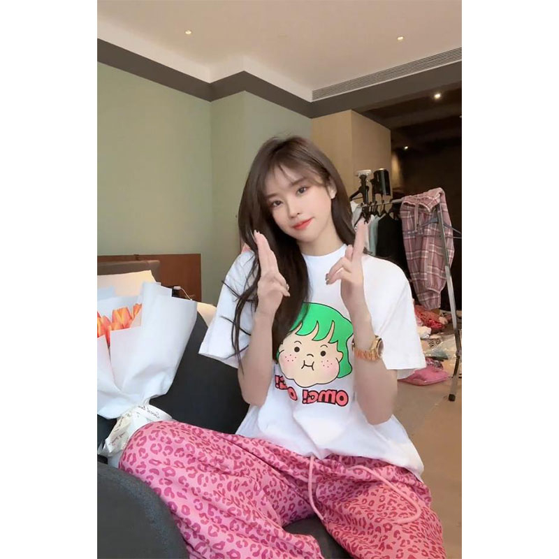 Áo Thun cotton 180g Tay Ngắn Cổ Tròn Dáng Suông In Họa Tiết Hoạt Hình Dễ Thương Cho Nữ