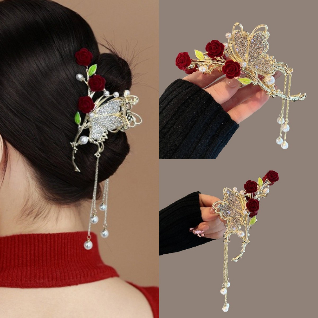 Kẹp Tóc Hình Bướm Hoa Hồng Vàng Phong Cách Mới 2023