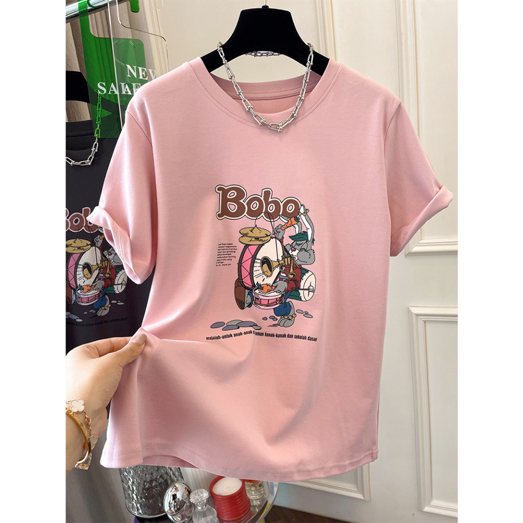 Áo Thun cotton 180g Tay Ngắn Cổ Tròn In Hoạt Hình Phong Cách Phương Tây Cho Nữ