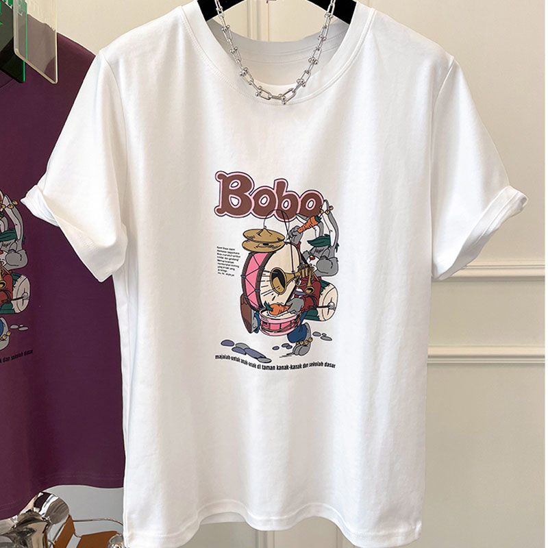 Áo Thun cotton 180g Tay Ngắn Cổ Tròn In Hoạt Hình Phong Cách Phương Tây Cho Nữ