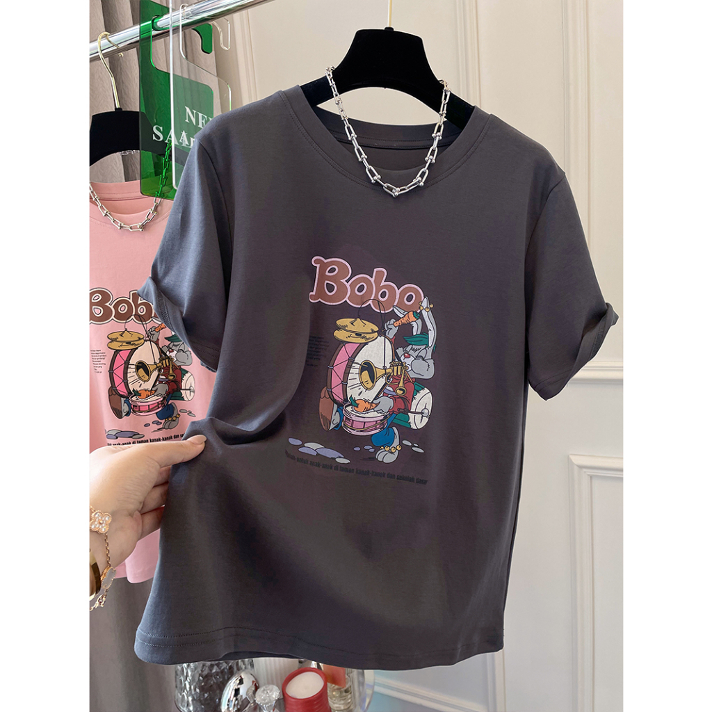 Áo Thun cotton 180g Tay Ngắn Cổ Tròn In Hoạt Hình Phong Cách Phương Tây Cho Nữ