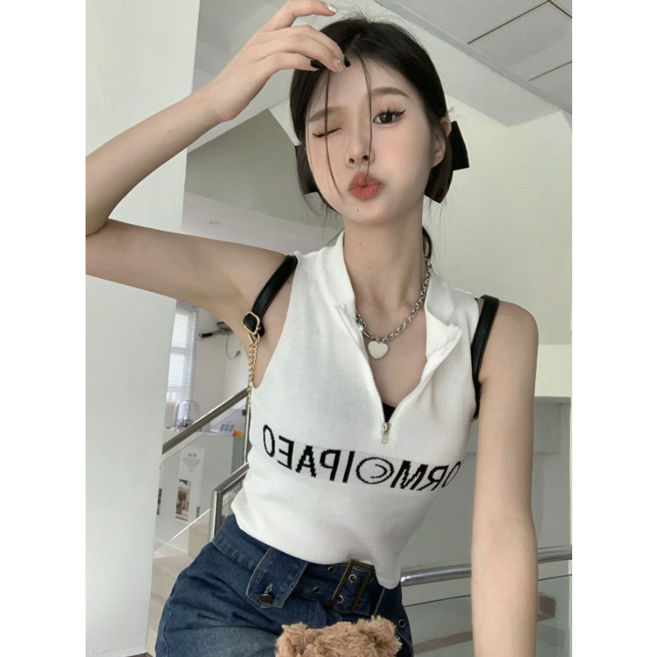 Áo Hai Dây Ngắn Có Khóa Kéo Thêu Họa Tiết Phong Cách Retro Mỹ