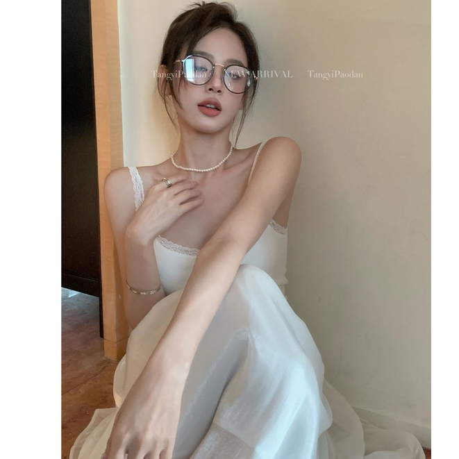 「Nonfatgirl」Váy Lụa Satin Màu Trơn Ôm Dáng Phối Ren + Váy Hai Dây Riêng Biệt Mùa Hè Cho Nữ