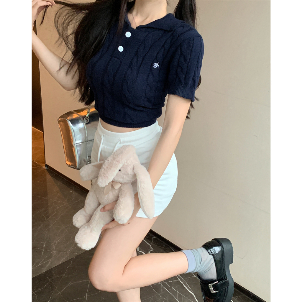 Áo Thun polo Dệt Kim Tay Ngắn Dáng Ôm Thêu Họa Tiết Phong Cách Cổ Điển Thời Trang Cho Nữ