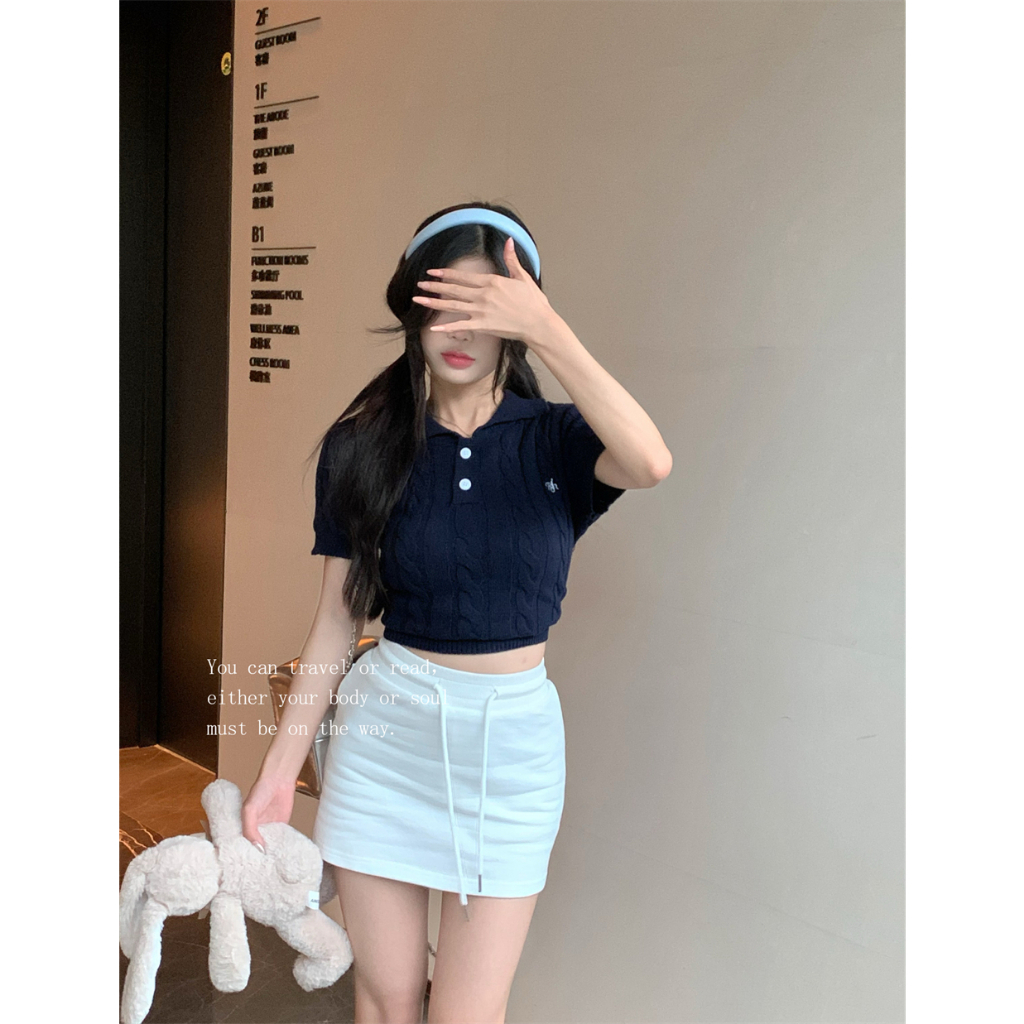 Áo Thun polo Dệt Kim Tay Ngắn Dáng Ôm Thêu Họa Tiết Phong Cách Cổ Điển Thời Trang Cho Nữ