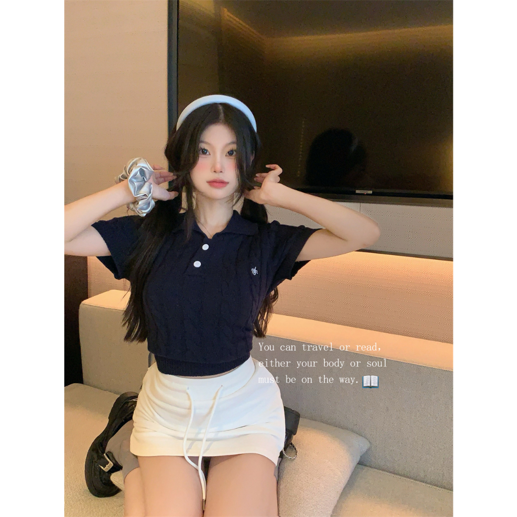 Áo Thun polo Dệt Kim Tay Ngắn Dáng Ôm Thêu Họa Tiết Phong Cách Cổ Điển Thời Trang Cho Nữ