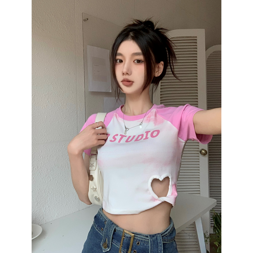 Lalisas Áo Croptop Tay Ngắn Dáng Ôm Khoét Rỗng Thiết Kế Khoét Rỗng Hình Cô Gái Yêu Gia Vị Mỹ Cho Nữ