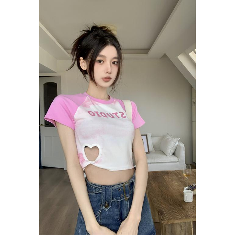 Lalisas Áo Croptop Tay Ngắn Dáng Ôm Khoét Rỗng Thiết Kế Khoét Rỗng Hình Cô Gái Yêu Gia Vị Mỹ Cho Nữ