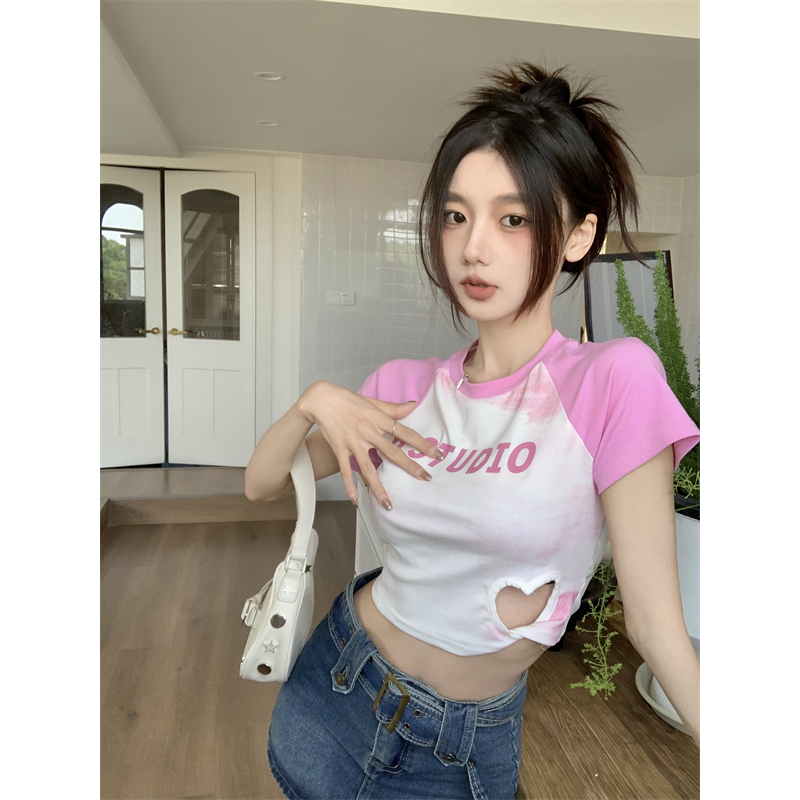 Lalisas Áo Croptop Tay Ngắn Dáng Ôm Khoét Rỗng Thiết Kế Khoét Rỗng Hình Cô Gái Yêu Gia Vị Mỹ Cho Nữ