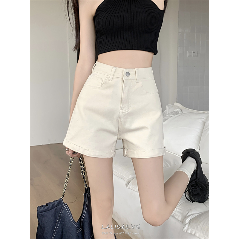 Lalisas Quần Short denim Lưng Cao Màu Trơn Thời Trang Quyến Rũ Cho Nữ