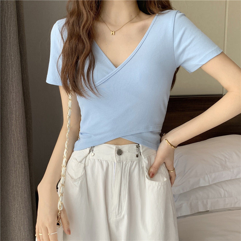 Áo Thun Tay Ngắn Cổ Chữ V Thiết Kế Đơn Giản Quyến Rũ Thời Trang Hàn Quốc