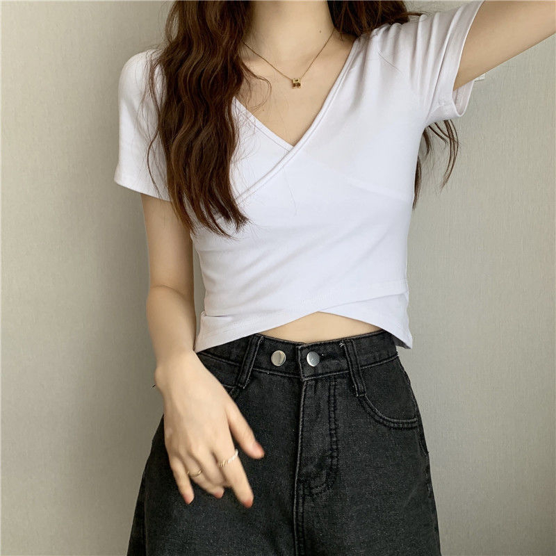 Áo Thun Tay Ngắn Cổ Chữ V Thiết Kế Đơn Giản Quyến Rũ Thời Trang Hàn Quốc