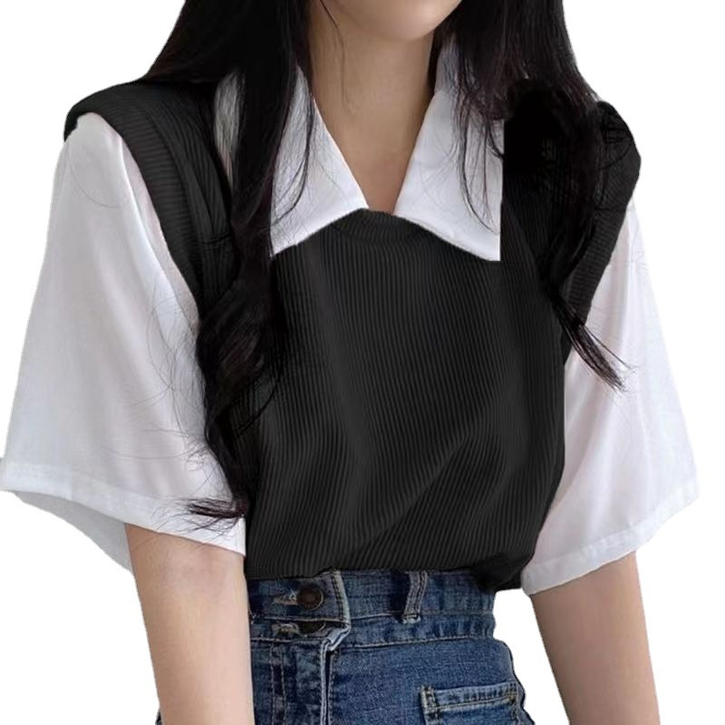 Áo polo Ngắn Tay Giả Hai Lớp Phong Cách Hàn Quốc Thời Trang Mới Cho Nữ