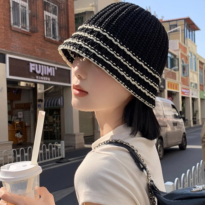 Nón Bucket Dệt Kim Thoáng Khí Màu Đen Phong Cách Hàn Quốc Thời Trang Mùa Hè Cho Nữ