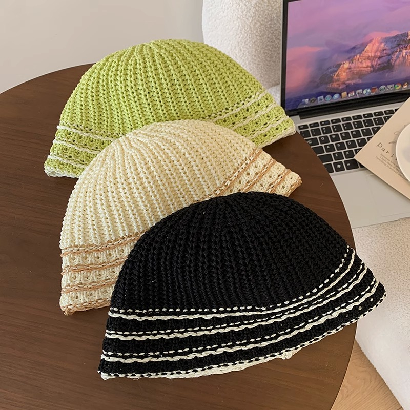 Nón Bucket Dệt Kim Thoáng Khí Màu Đen Phong Cách Hàn Quốc Thời Trang Mùa Hè Cho Nữ