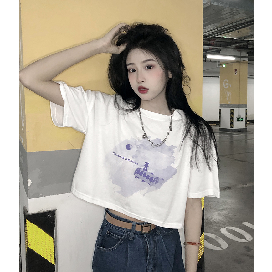 Áo Thun Ngắn Tay Cổ Tròn In Hình Phong Cách Hàn Quốc Thời Trang Mùa Hè Dành Cho Nữ