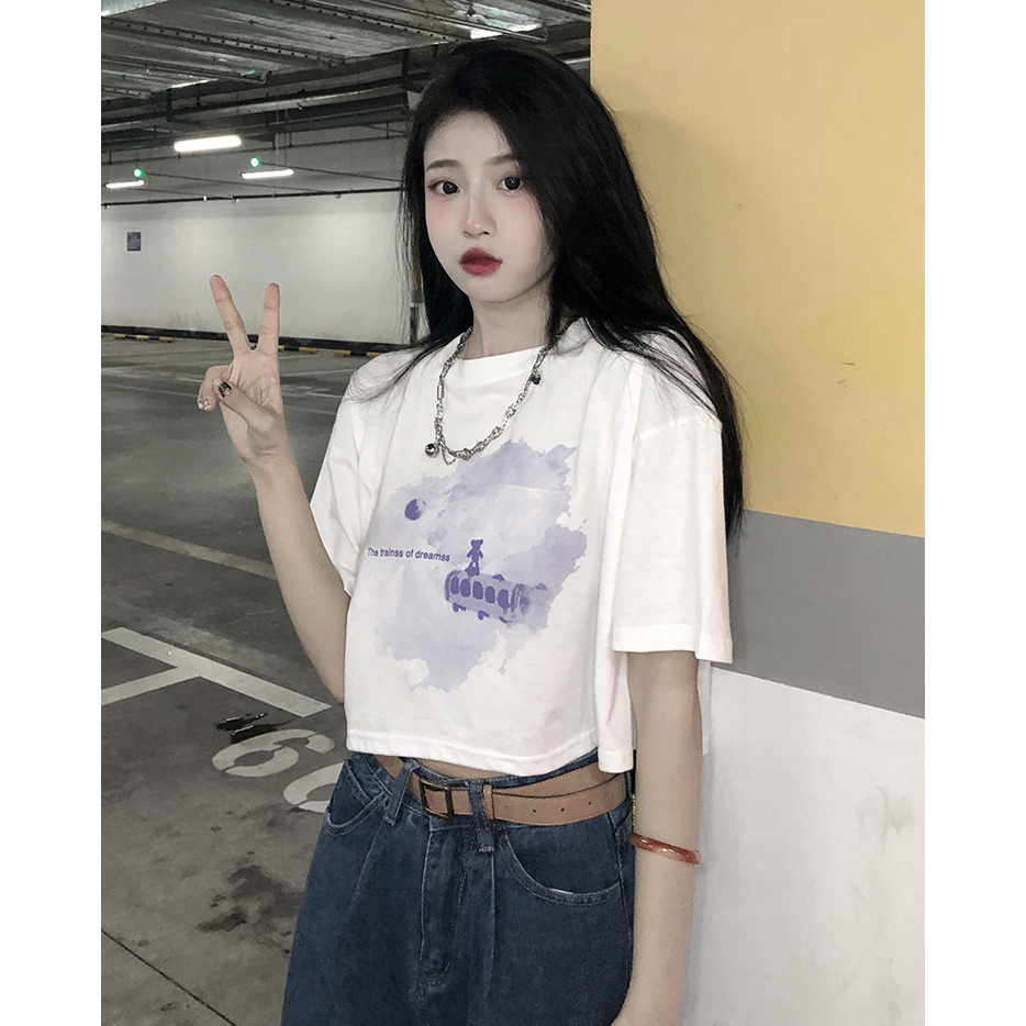 Áo Thun Ngắn Tay Cổ Tròn In Hình Phong Cách Hàn Quốc Thời Trang Mùa Hè Dành Cho Nữ