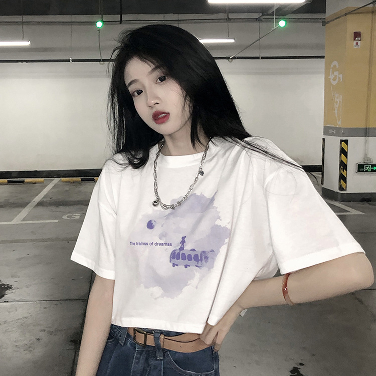 Áo Thun Ngắn Tay Cổ Tròn In Hình Phong Cách Hàn Quốc Thời Trang Mùa Hè Dành Cho Nữ