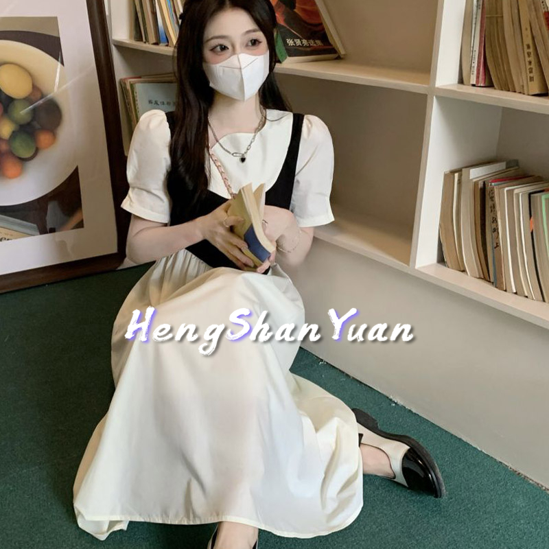 Đầm dài HENG SHAN YUAN giả hai lớp tay phồng ôm eo phong cách Hong Kong thời trang cho nữ