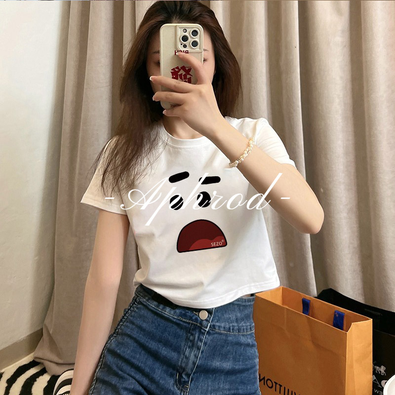 Áo Thun Cotton Croptop Tay Ngắn In Họa Tiết Xinh Xắn Cho Nữ