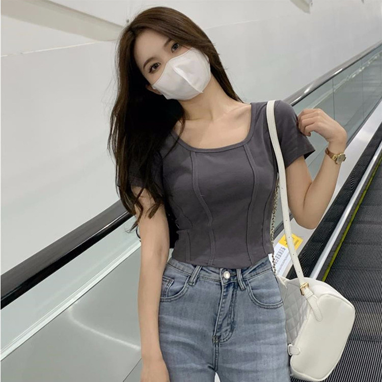 Áo Thun Ngắn Tay Cổ Vuông Dáng Ôm Thời Trang Mùa Hè Hàn Quốc Quyến Rũ Giản