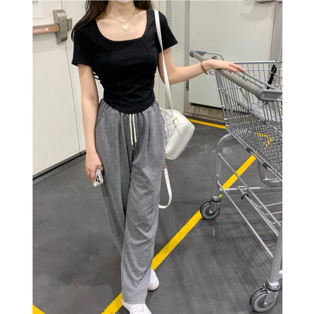 Áo Thun Ngắn Tay Cổ Vuông Dáng Ôm Thời Trang Mùa Hè Hàn Quốc Quyến Rũ Giản