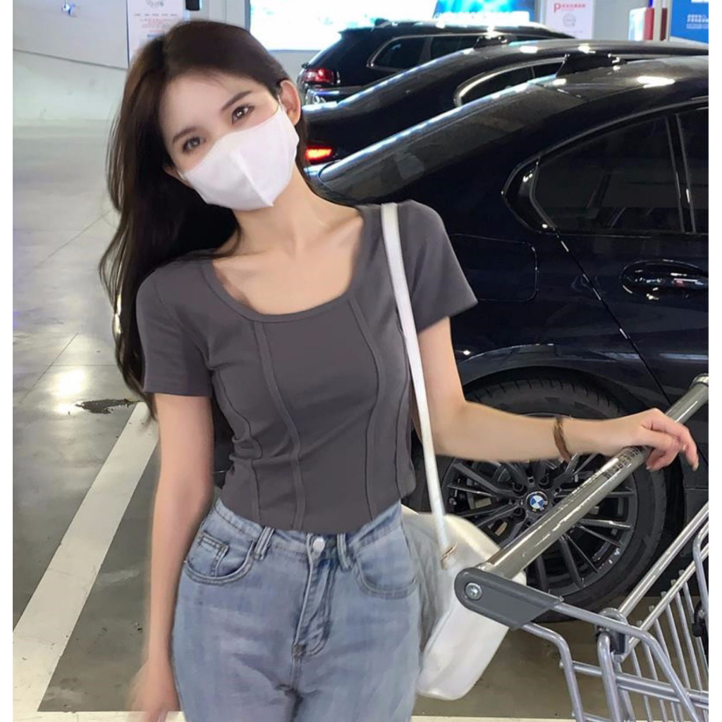 Áo Thun Ngắn Tay Cổ Vuông Dáng Ôm Thời Trang Mùa Hè Hàn Quốc Quyến Rũ Giản