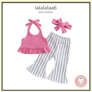 Set áo sát nách cổ bèo nhún + quần dài kẻ sọc + băng đô cài tóc thời trang cho bé gái laa6-kid