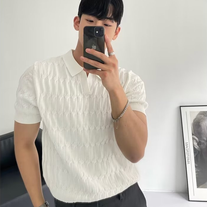 Áo polo Dệt Kim Lụa Lạnh Tay Lửng Thời Trang Hàn Quốc Cho Nam m-3xl