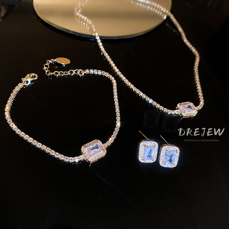 Bộ Vòng cổ + Bông Tai + Vòng Tay Bằng Bạc Đính Đá Zircon Kiểu Hàn Quốc Chất Lượng Cao
